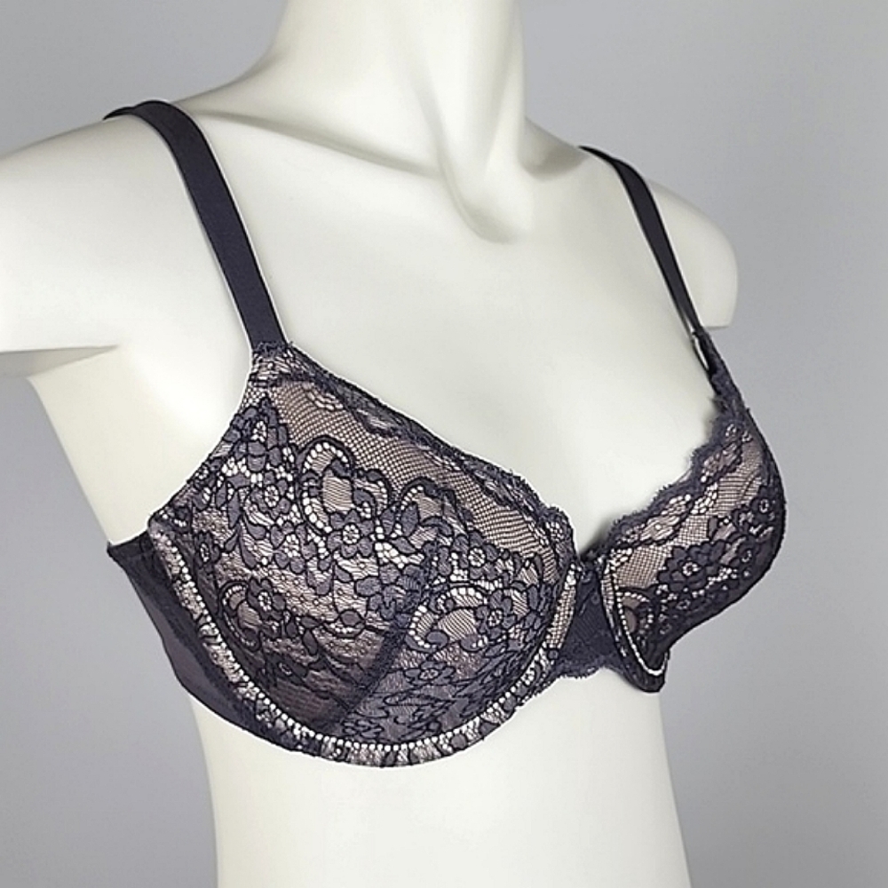 La SENZA Underwire Bra Mauve Floral Lace Nude Rhinestones Trim Sz 34C